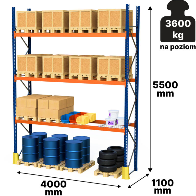 Regał paletowy Mecalux, H-550 cm, L-400 cm, 3600 kg
